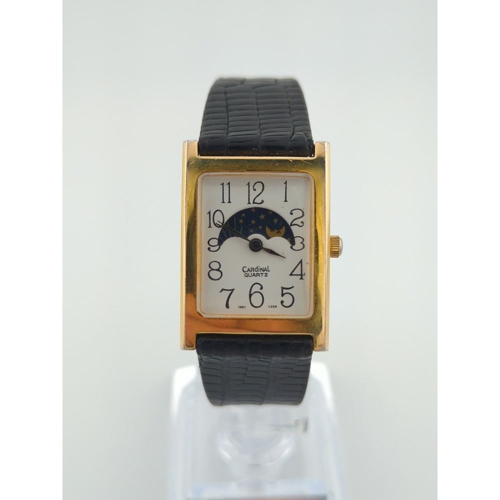 Vintage Cardinal Moonphase 23mm Unisex Tank Watch Gold Tone Lizard Skin Strap